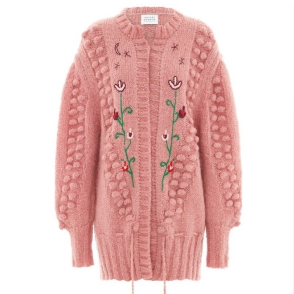 $650 Hayley Menzies Gloria Rose Mohair Midi Cardigan Pink Embroidered Small - Picture 4 of 9